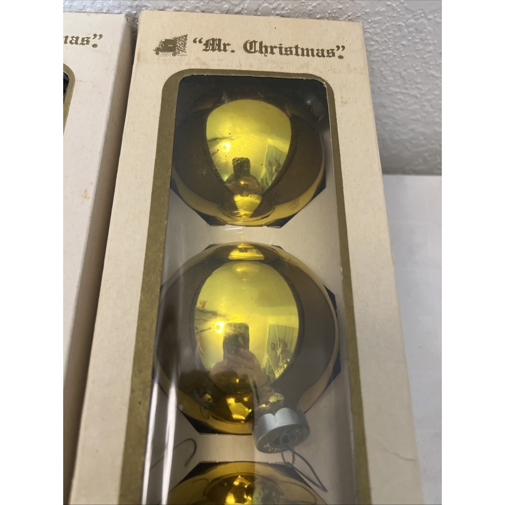 Mr Christmas 6 Gold Ball Glass Tree Ornaments 4" D‎ USA Original Box Vintage 60s - Picture 4 of 7